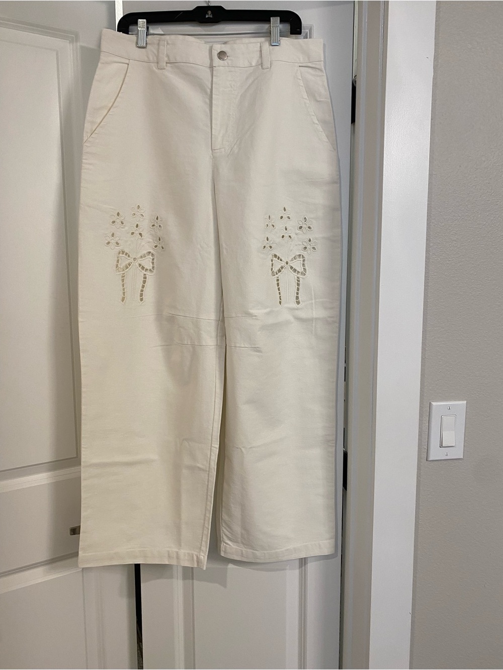 Cream Straight Leg Embroidered Pants